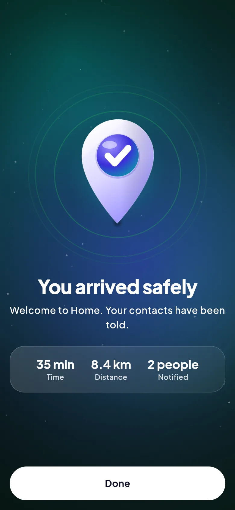 Screenshot: You arrived safely screen with trip time, distance and people notified