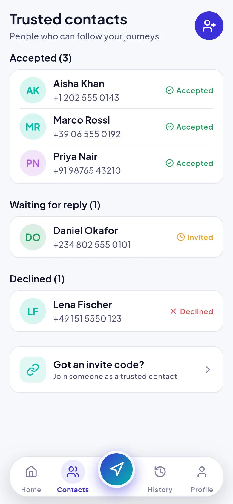Screenshot: Trusted contacts list with accepted, waiting and declined people