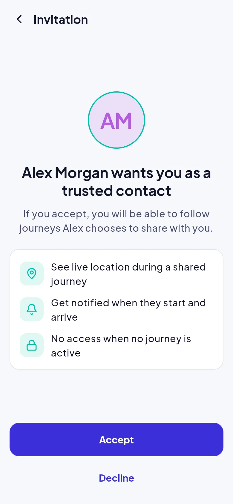 Screenshot: Invitation screen asking someone to become a trusted contact