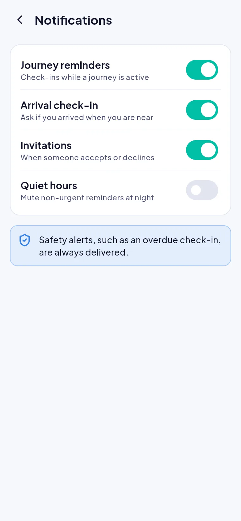 Screenshot: Notification settings with journey reminders and quiet hours