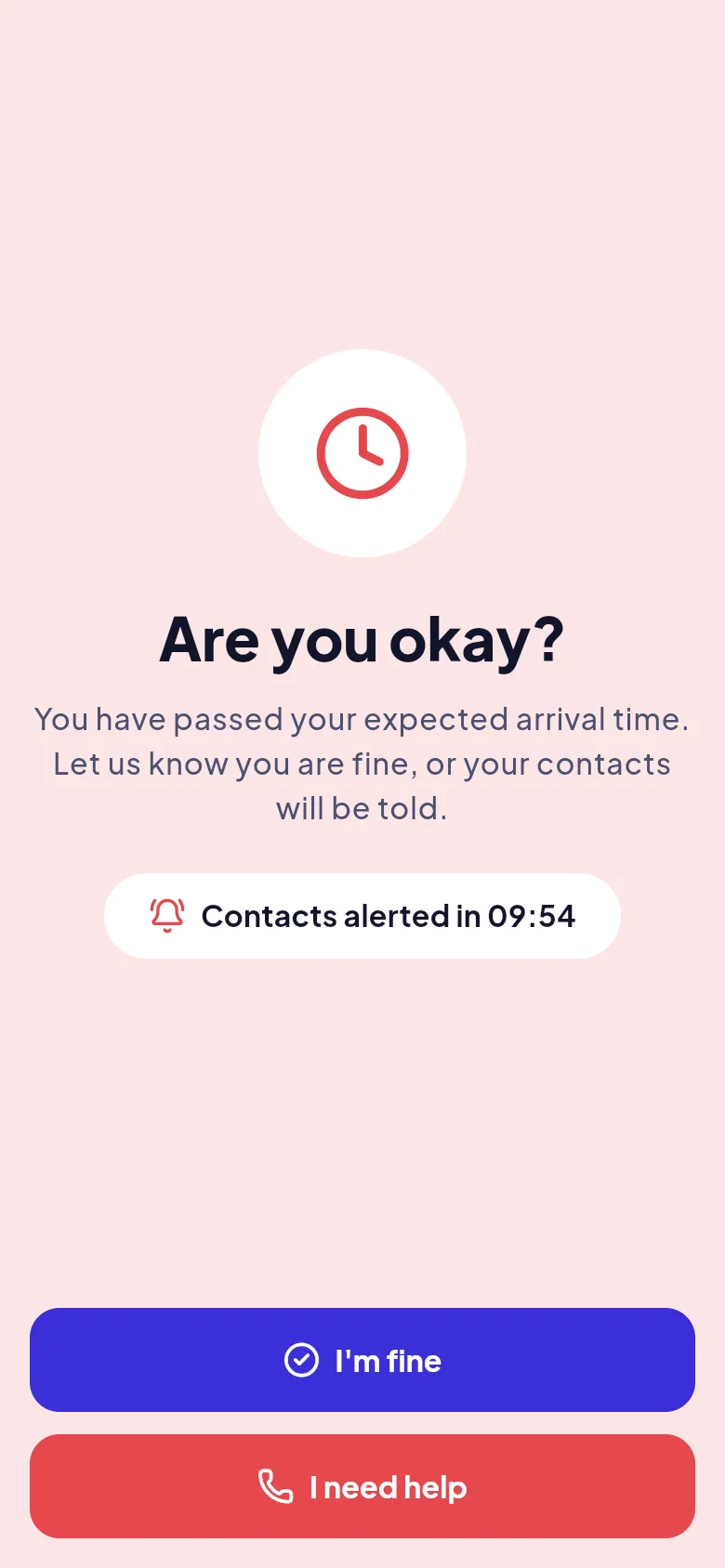 Screenshot: Are you okay check-in screen with I'm fine and I need help buttons