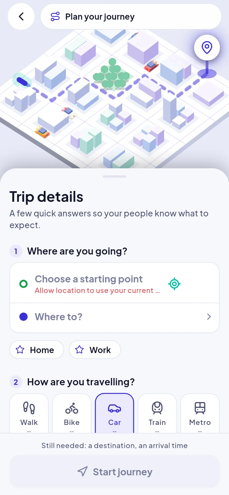Screenshot: Trip details screen: starting point, destination, travel mode and arrival time