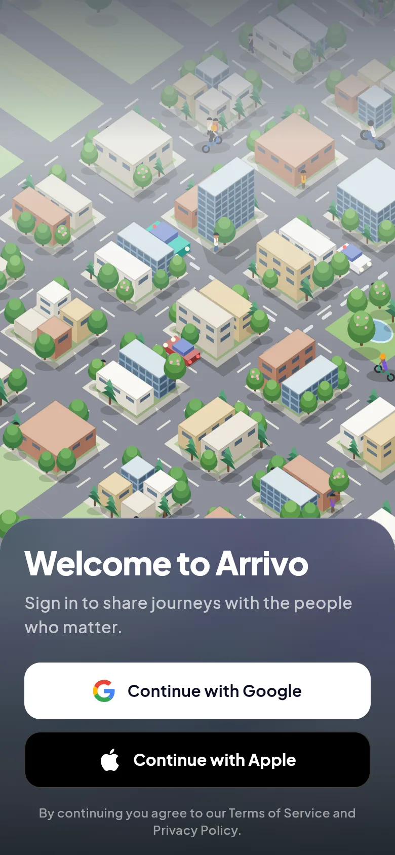 Screenshot: Welcome to Arrivo sign-in screen with Google and Apple