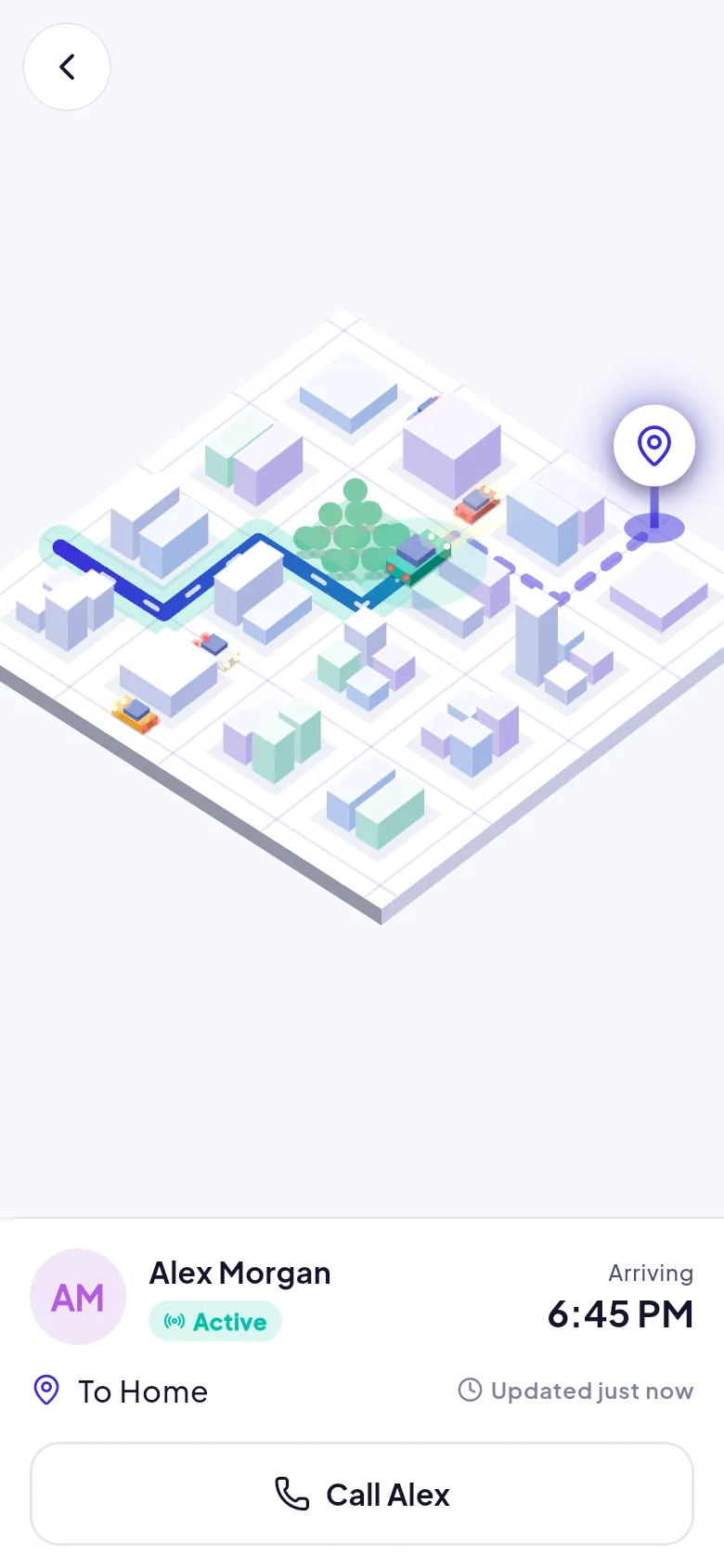 Screenshot: Contact view following a traveller on the map with a Call button