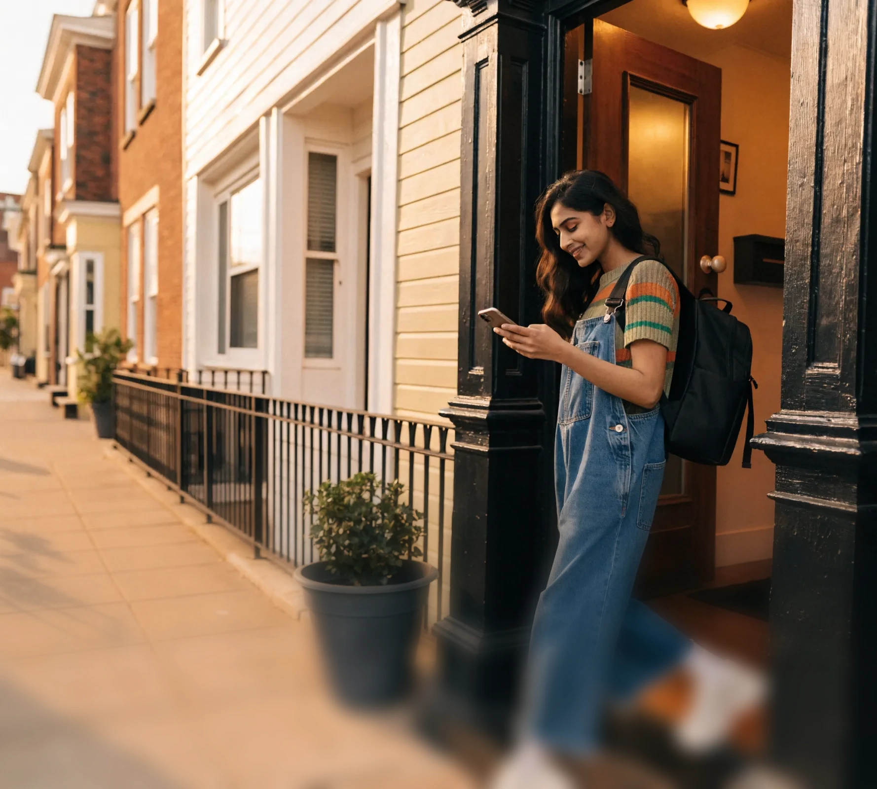 A young woman with a backpack steps out of her front door at dusk while checking her phone.