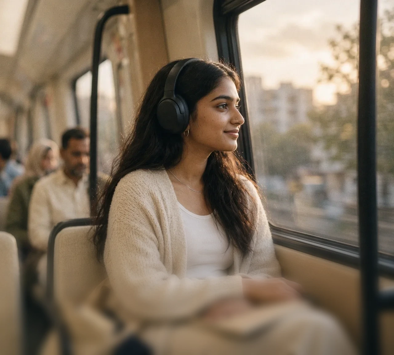 A woman wearing headphones looks calmly out of the window on a metro train in the evening.