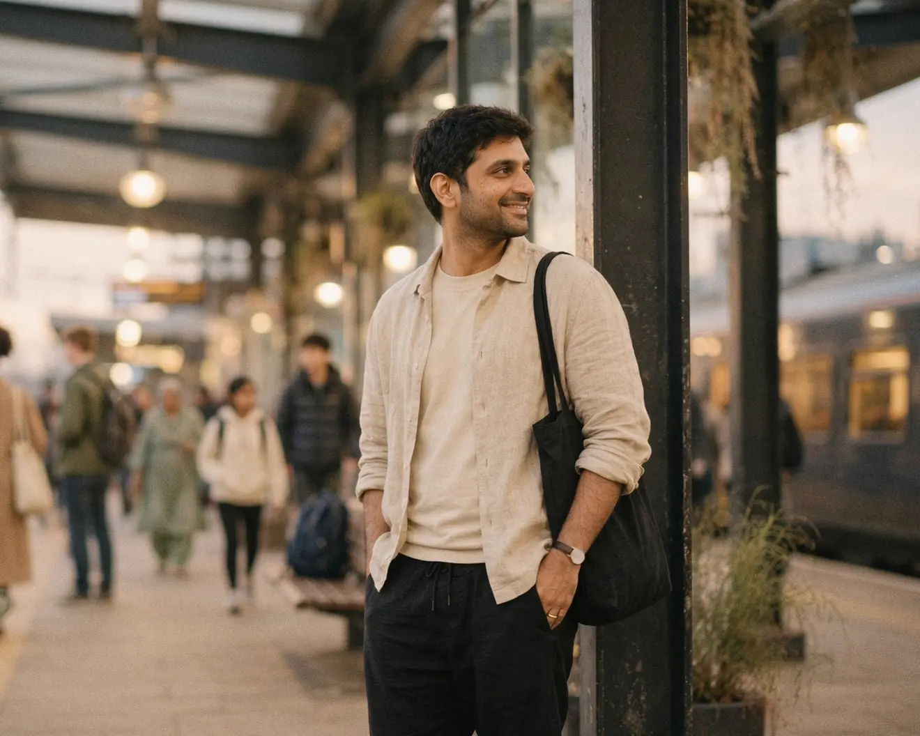 A man with a shoulder bag smiles on a railway platform at dusk.