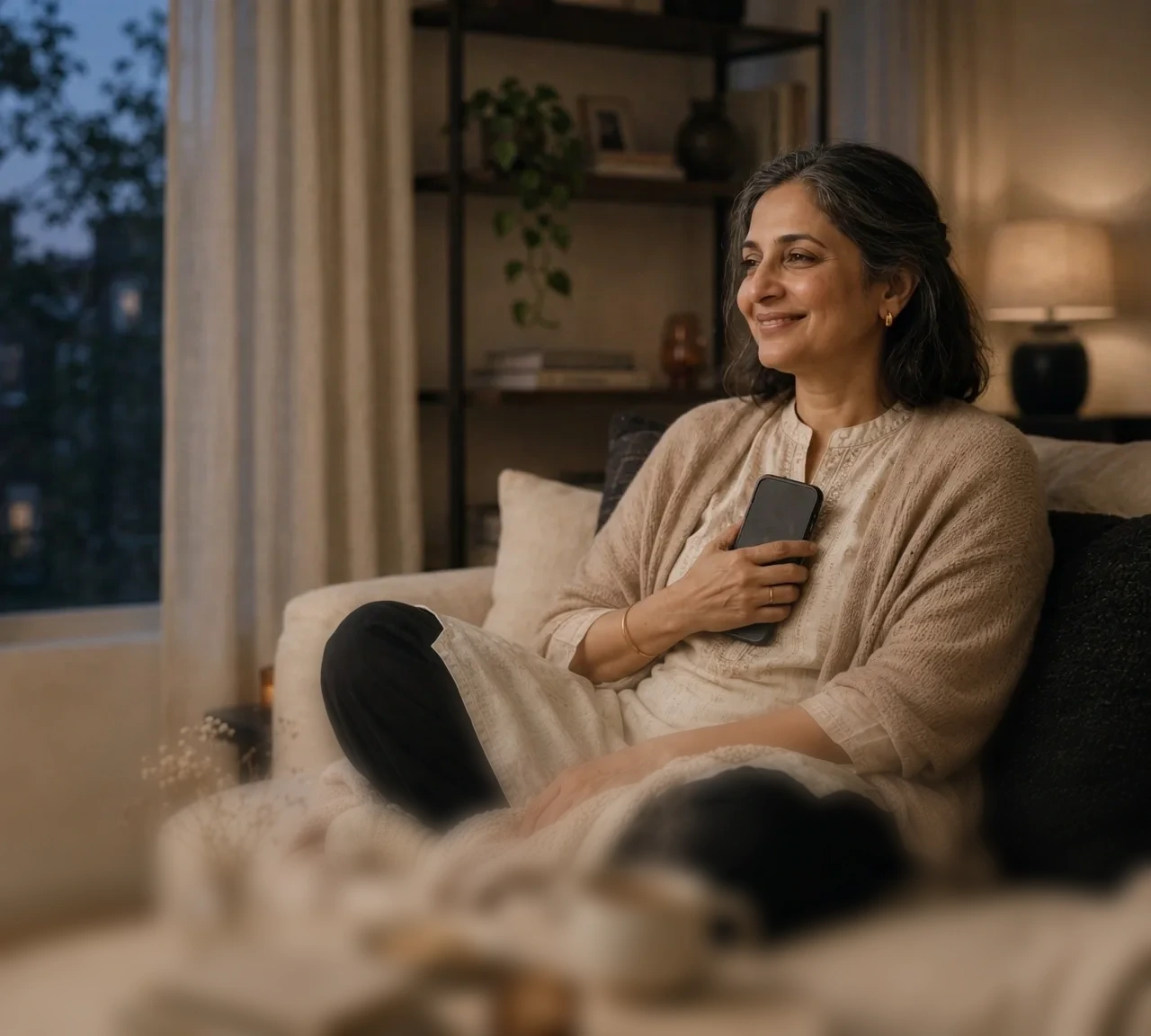 A woman sits on a sofa at home holding her phone to her chest with a relieved smile.