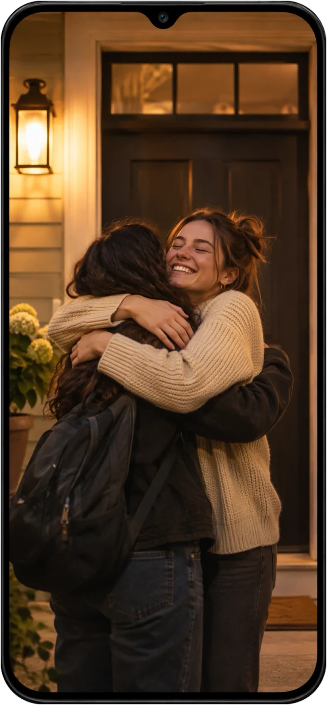 A phone showing two friends hugging at a front door, relieved that one of them arrived safely.