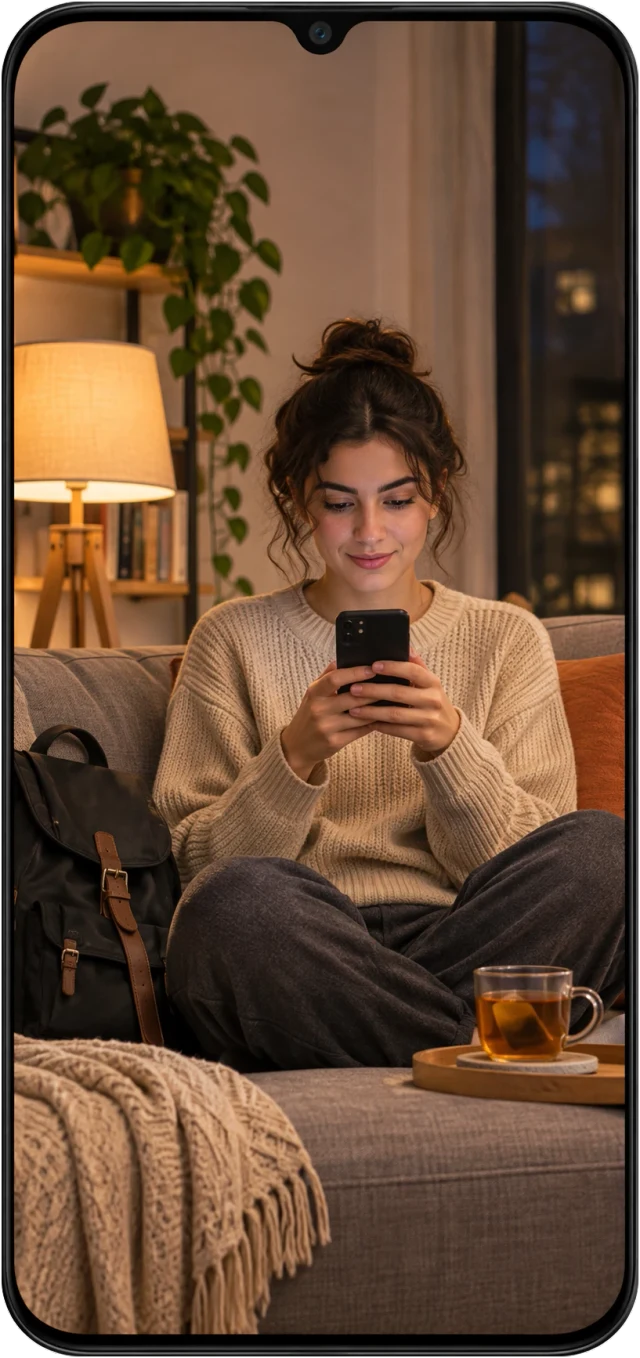 A phone showing a young woman on her sofa at home, checking her phone while planning a trip.