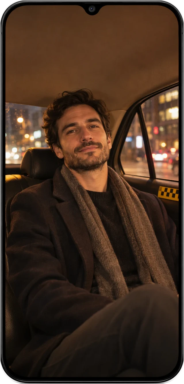 A phone showing a man relaxing in the back of a taxi at night while his contacts follow along.